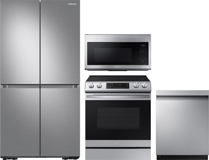 Samsung 4 Piece Kitchen Appliances Package with French Door Refrigerator, Induction Range, Dishwasher and Over the Range Microwave in Stainless Steel 