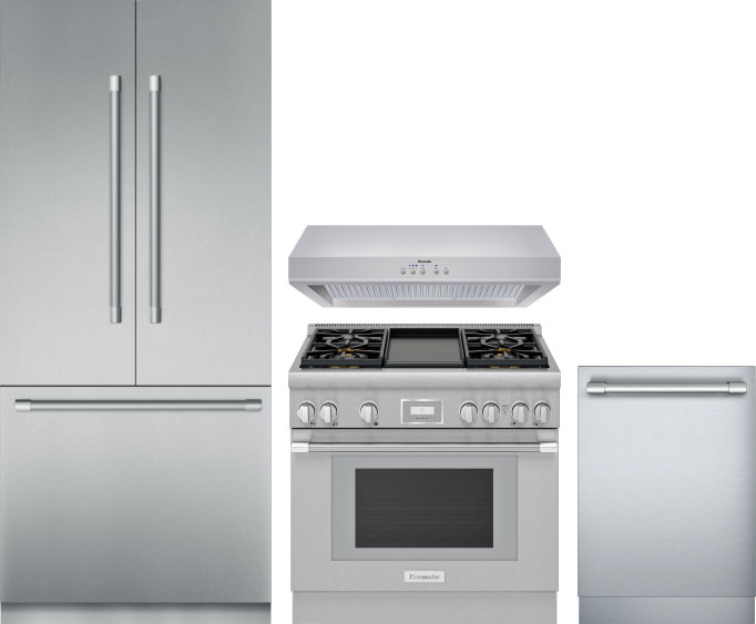 Thermador 4 Piece Kitchen Appliances Package with French Door Refrigerator, Dual Fuel Range and Dishwasher in Stainless Steel THRERADWRH1233