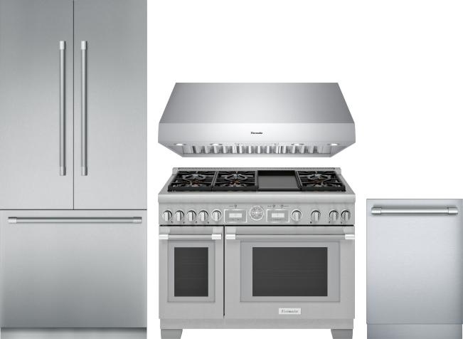 Thermador 4 Piece Kitchen Appliances Package with French Door Refrigerator, Dual Fuel Range and Dishwasher in Stainless Steel THRERADWRH1236