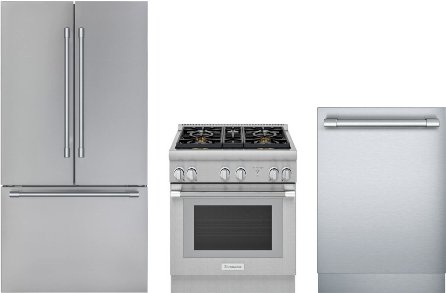 Thermador 3 Piece Kitchen Appliances Package with French Door Refrigerator, Dual Fuel Range and Dishwasher in Stainless Steel THRERADW315