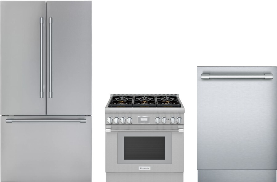 Thermador 3 Piece Kitchen Appliances Package with French Door Refrigerator, Gas Range and Dishwasher in Stainless Steel THRERADW316