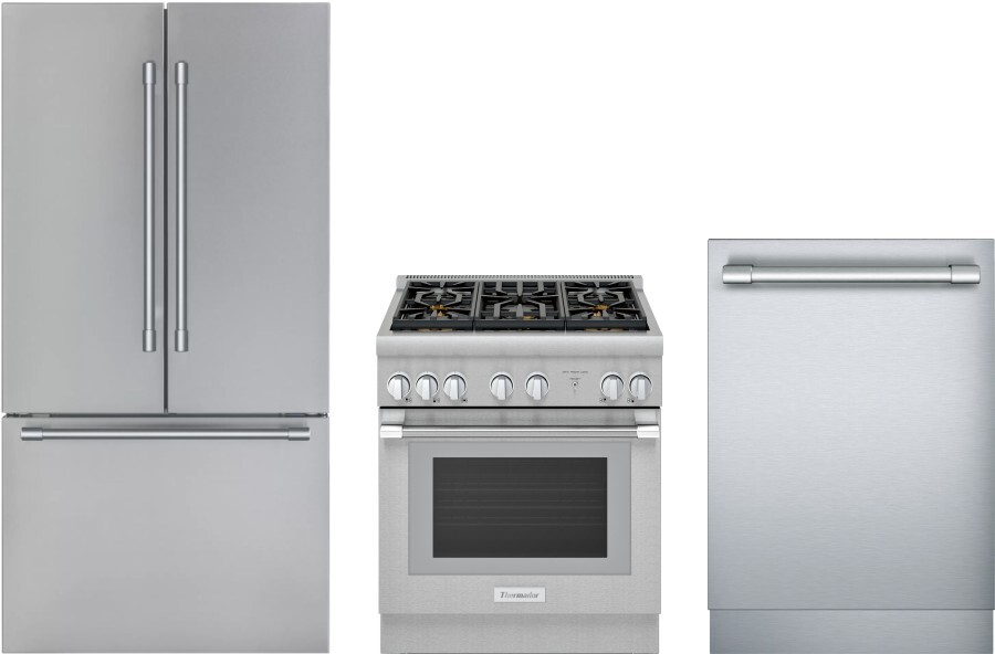 Thermador 3 Piece Kitchen Appliances Package with French Door Refrigerator, Dual Fuel Range and Dishwasher in Stainless Steel THRERADW317