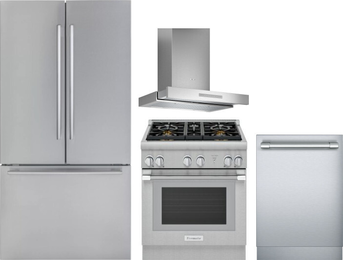 Thermador 4 Piece Kitchen Appliances Package with French Door Refrigerator, Gas Range and Dishwasher in Stainless Steel THRERADWRH1244