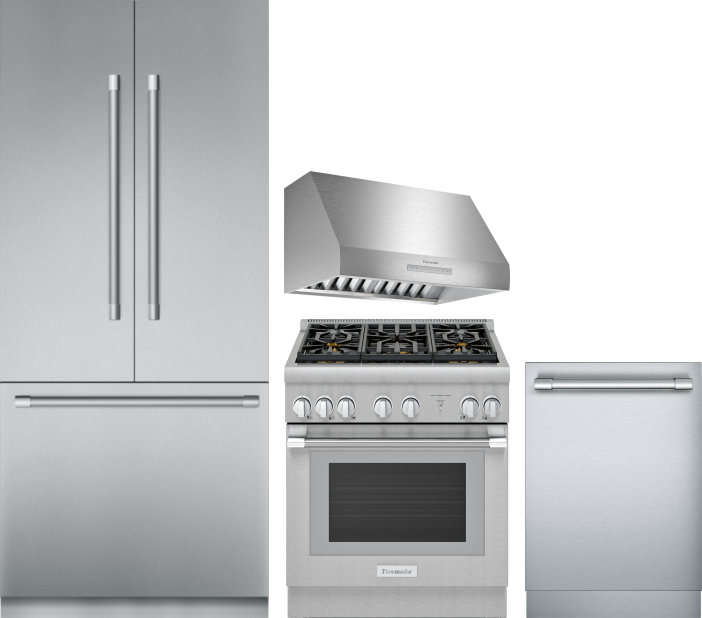 Thermador 4 Piece Kitchen Appliances Package with French Door Refrigerator, Dual Fuel Range and Dishwasher in Stainless Steel THRERADWRH1245