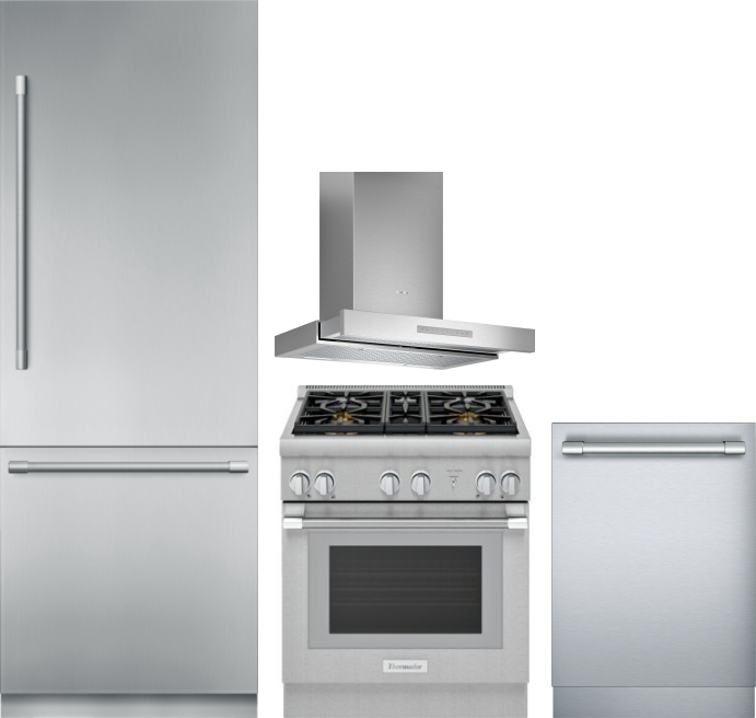 Thermador 4 Piece Kitchen Appliances Package with Bottom Freezer Refrigerator, Gas Range and Dishwasher in Stainless Steel THRERADWRH1247