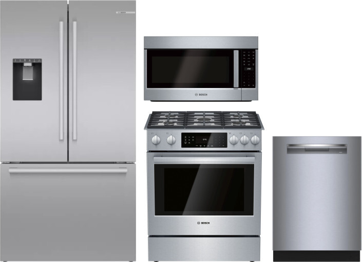 Bosch 800 4 Piece Kitchen Appliances Package with French Door Refrigerator, Gas Range, Dishwasher and Over the Range Microwave in Stainless Steel BORE