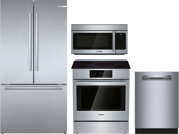 Bosch 4 Piece Kitchen Appliances Package with French Door Refrigerator, Induction Range, Dishwasher and Over the Range Microwave in Stainless Steel BO