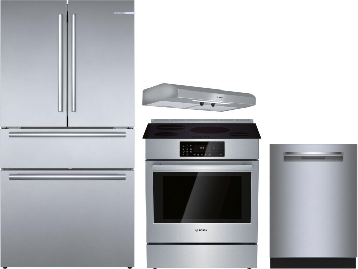 Bosch 4 Piece Kitchen Appliances Package with French Door Refrigerator, Induction Range and Dishwasher in Stainless Steel BORERADWRH784