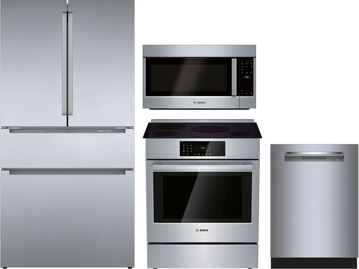 Bosch 4 Piece Kitchen Appliances Package with French Door Refrigerator, Induction Range, Dishwasher and Over the Range Microwave in Stainless Steel BO