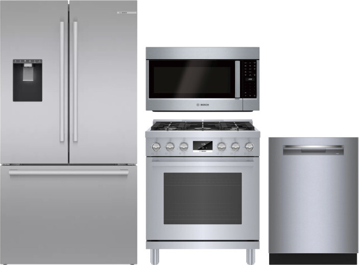Bosch 4 Piece Kitchen Appliances Package with French Door Refrigerator, Gas Range, Dishwasher and Over the Range Microwave in Stainless Steel BORERADW