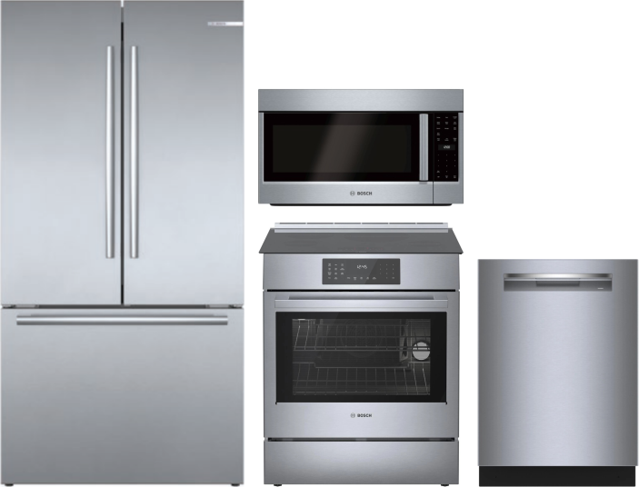Bosch 4 Piece Kitchen Appliances Package with French Door Refrigerator, Induction Range, Dishwasher and Over the Range Microwave in Stainless Steel BO