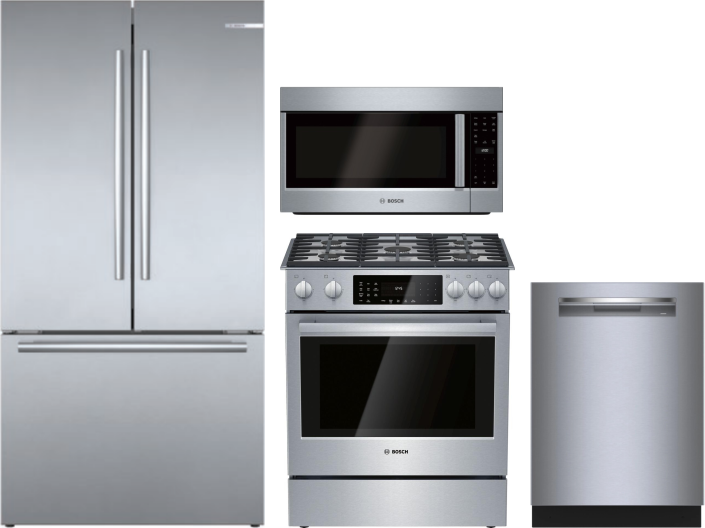 Bosch 4 Piece Kitchen Appliances Package with French Door Refrigerator, Dual Fuel Range, Dishwasher and Over the Range Microwave in Stainless Steel BO