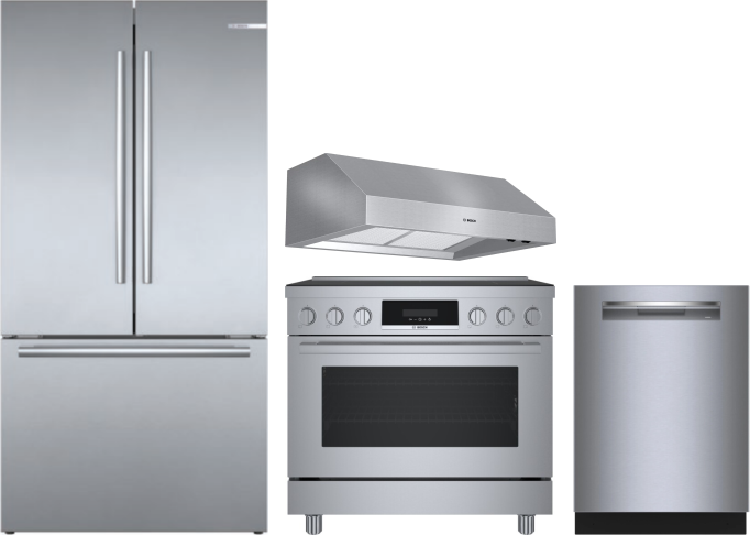 Bosch 4 Piece Kitchen Appliances Package with French Door Refrigerator, Induction Range and Dishwasher in Stainless Steel BORERADWRH787