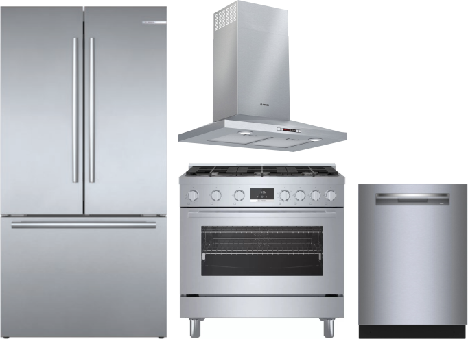 Bosch 4 Piece Kitchen Appliances Package with French Door Refrigerator, Gas Range and Dishwasher in Stainless Steel BORERADWRH788