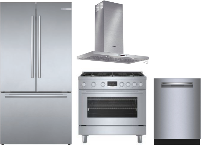 Bosch 4 Piece Kitchen Appliances Package with French Door Refrigerator, Dual Fuel Range and Dishwasher in Stainless Steel BORERADWRH789