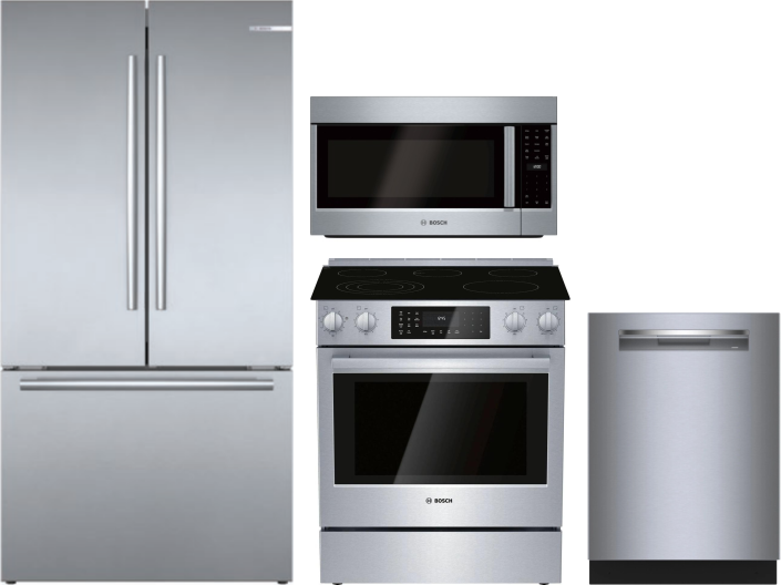 Bosch 4 Piece Kitchen Appliances Package with French Door Refrigerator, Electric Range, Dishwasher and Over the Range Microwave in Stainless Steel BOR