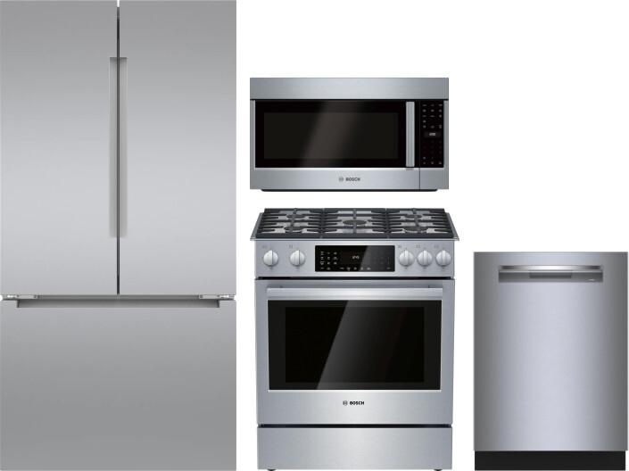 Bosch 4 Piece Kitchen Appliances Package with French Door Refrigerator, Dual Fuel Range, Dishwasher and Over the Range Microwave in Stainless Steel BO