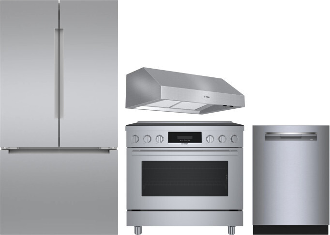 Bosch 4 Piece Kitchen Appliances Package with French Door Refrigerator, Induction Range and Dishwasher in Stainless Steel BORERADWRH790