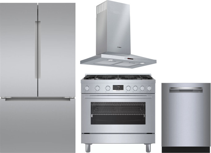 Bosch 4 Piece Kitchen Appliances Package with French Door Refrigerator, Gas Range and Dishwasher in Stainless Steel BORERADWRH791