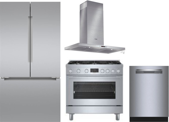 Bosch 4 Piece Kitchen Appliances Package with French Door Refrigerator, Dual Fuel Range and Dishwasher in Stainless Steel BORERADWRH792
