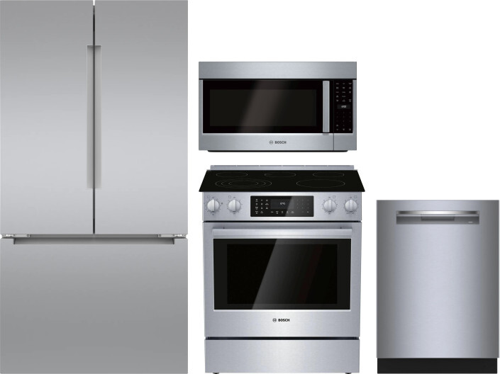 Bosch 4 Piece Kitchen Appliances Package with French Door Refrigerator, Electric Range, Dishwasher and Over the Range Microwave in Stainless Steel BOR