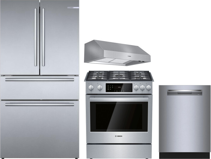 Bosch 800 4 Piece Kitchen Appliances Package with French Door Refrigerator, Gas Range and Dishwasher in Stainless Steel BORERARHDW100