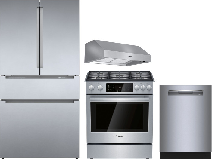 Bosch 800 4 Piece Kitchen Appliances Package with French Door Refrigerator, Gas Range and Dishwasher in Stainless Steel BORERARHDW101