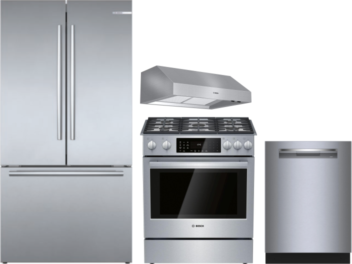 Bosch 800 4 Piece Kitchen Appliances Package with French Door Refrigerator, Dual Fuel Range and Dishwasher in Stainless Steel BORERARHDW102