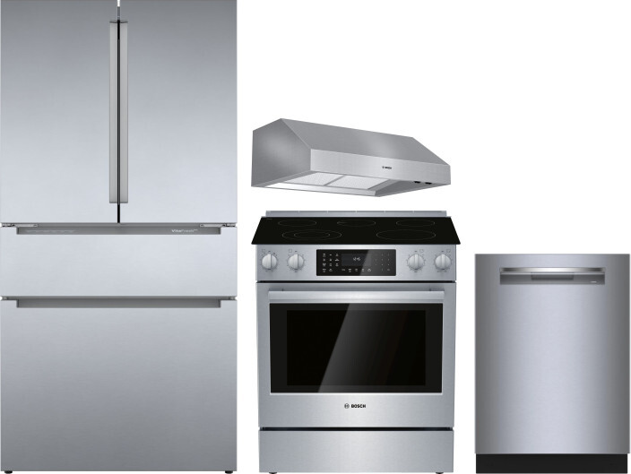Bosch 800 4 Piece Kitchen Appliances Package with French Door Refrigerator, Electric Range and Dishwasher in Stainless Steel BORERARHDW107