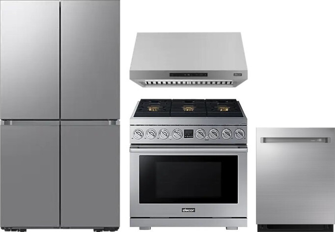Dacor 4 Piece Kitchen Appliances Package with French Door Refrigerator, Gas Range and Dishwasher in Stainless Steel DARERADWRH1118