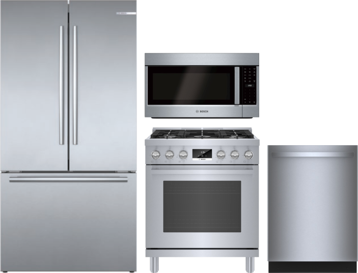 Bosch 800 4 Piece Kitchen Appliances Package with French Door Refrigerator, Gas Range, Dishwasher and Over the Range Microwave in Stainless Steel BORE