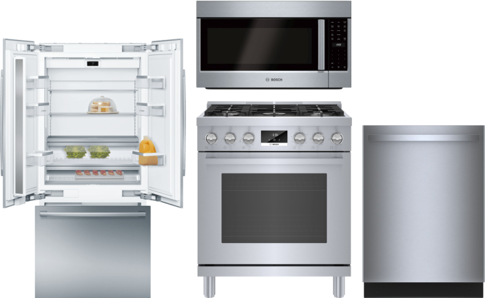 Bosch 4 Piece Kitchen Appliances Package with French Door Refrigerator, Gas Range, Dishwasher and Over the Range Microwave in Stainless Steel BORERADW