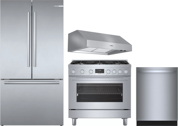 Bosch 4 Piece Kitchen Appliances Package with French Door Refrigerator, Gas Range and Dishwasher in Stainless Steel BORERADWRH793
