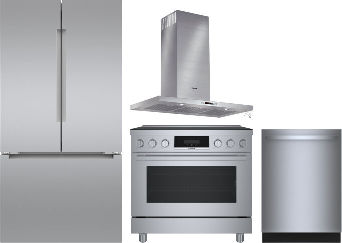 Bosch 4 Piece Kitchen Appliances Package with French Door Refrigerator, Induction Range and Dishwasher in Stainless Steel BORERADWRH796