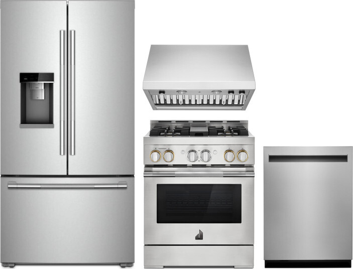 JennAir 4 Piece Kitchen Appliances Package with Gas Range, Dishwasher and French Door Refrigerator in Stainless Steel JARERADWMW148