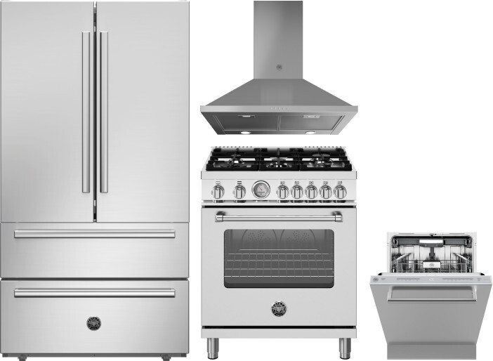 Bertazzoni 4 Piece Kitchen Appliances Package with French Door Refrigerator, Gas Range and Dishwasher in Stainless Steel BERERADWRH1158