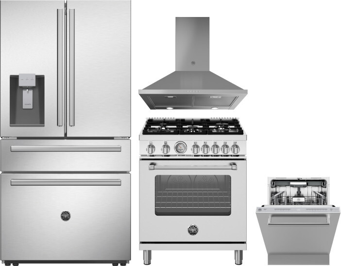 Bertazzoni 4 Piece Kitchen Appliances Package with French Door Refrigerator, Gas Range and Dishwasher in Stainless Steel BERERADWRH1159