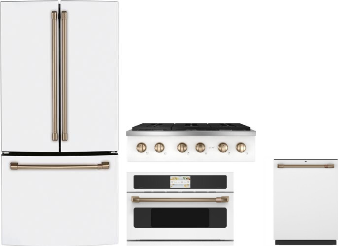Cafe 4 Piece Kitchen Appliances Package with French Door Refrigerator and Dishwasher in Matte White CAFRECTWODW1