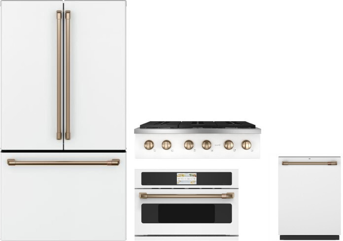 Cafe 4 Piece Kitchen Appliances Package with French Door Refrigerator and Dishwasher in Matte White CAFRECTWODW3