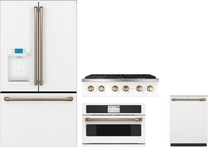 Cafe 4 Piece Kitchen Appliances Package with French Door Refrigerator and Dishwasher in Matte White CAFRECTWODW4