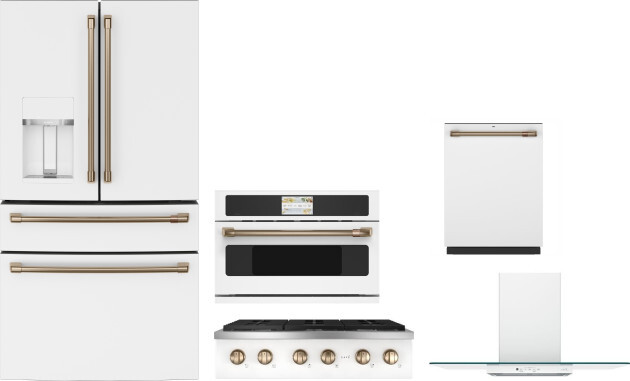 Cafe 5 Piece Kitchen Appliances Package with French Door Refrigerator and Dishwasher in Matte White CAFRECTWODWRH871