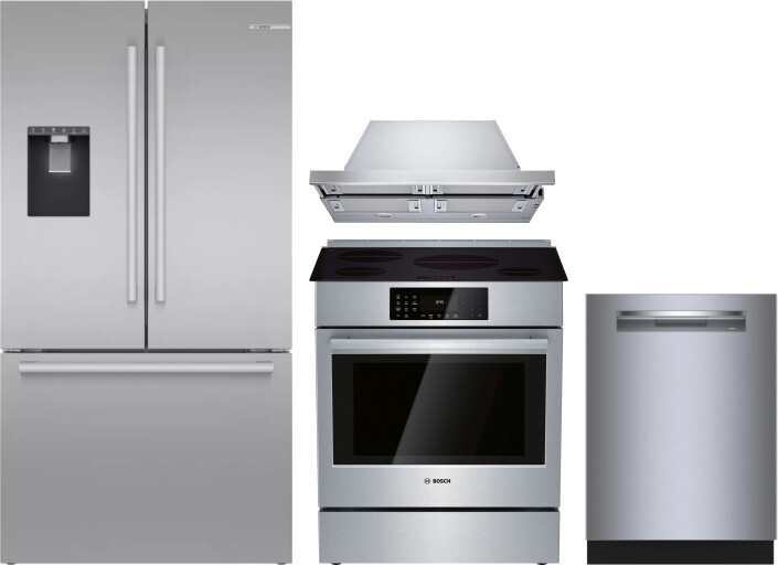 Bosch 4 Piece Kitchen Appliances Package with French Door Refrigerator, Induction Range and Dishwasher in Stainless Steel BORERADWRH797