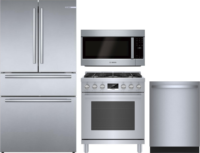 Bosch 4 Piece Kitchen Appliances Package with French Door Refrigerator, Gas Range, Dishwasher and Over the Range Microwave in Stainless Steel BORERADW