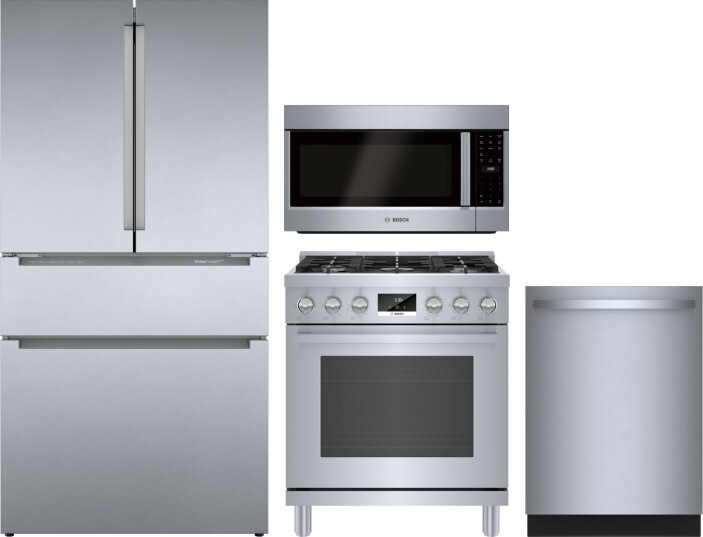 Bosch 4 Piece Kitchen Appliances Package with French Door Refrigerator, Gas Range, Dishwasher and Over the Range Microwave in Stainless Steel BORERADW