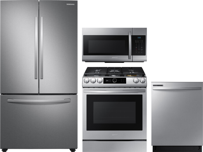 Samsung 4 Piece Kitchen Appliances Package with French Door Refrigerator, Gas Range, Dishwasher and Over the Range Microwave in Stainless Steel SARERA