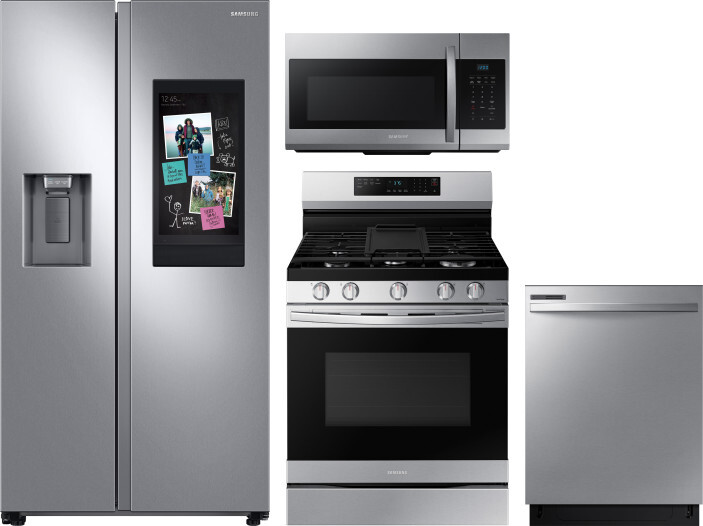 Samsung 4 Piece Kitchen Appliances Package with Side-by-Side Refrigerator, Gas Range, Dishwasher and Over the Range Microwave in Stainless Steel SARER