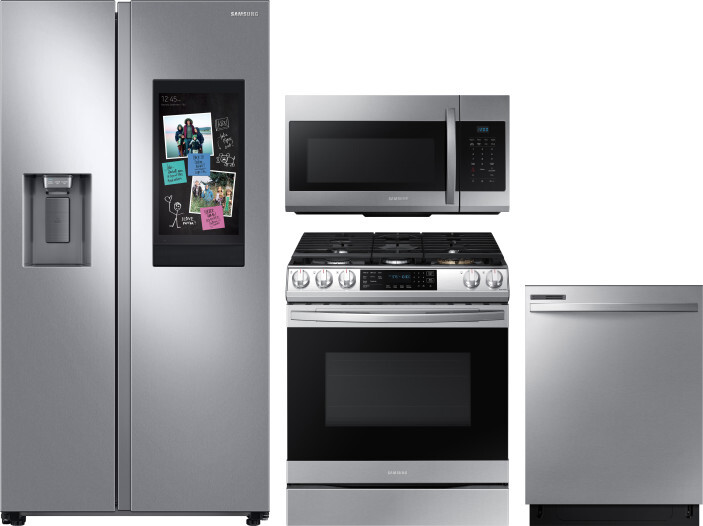 Samsung 4 Piece Kitchen Appliances Package with Side-by-Side Refrigerator, Gas Range, Dishwasher and Over the Range Microwave in Stainless Steel SARER