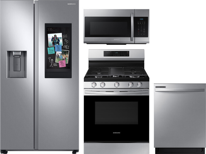 Samsung 4 Piece Kitchen Appliances Package with Side-by-Side Refrigerator, Gas Range, Dishwasher and Over the Range Microwave in Stainless Steel SARER