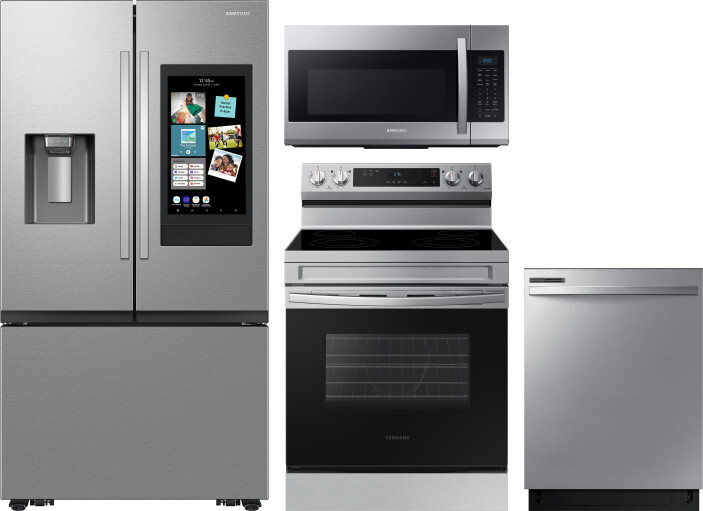 Samsung 4 Piece Kitchen Appliances Package with French Door Refrigerator, Electric Range, Dishwasher and Over the Range Microwave in Fingerprint Resis