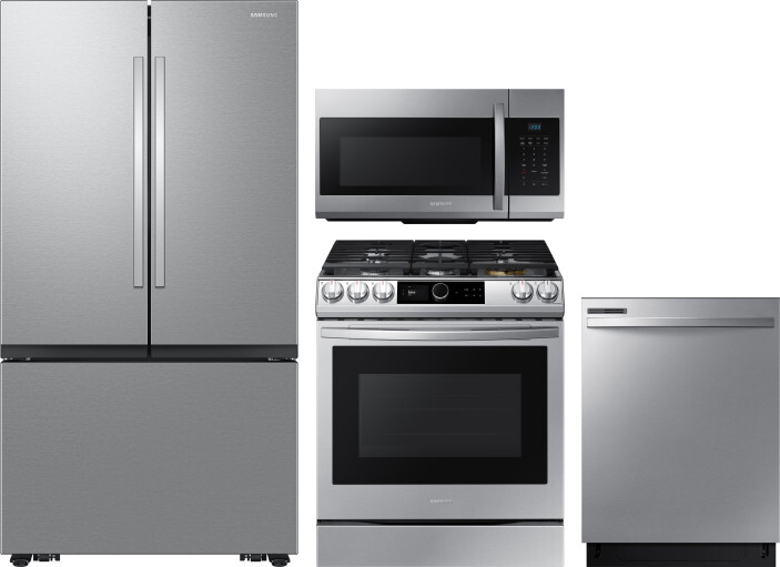 Samsung 4 Piece Kitchen Appliances Package with French Door Refrigerator, Gas Range, Dishwasher and Over the Range Microwave in Stainless Steel SARERA